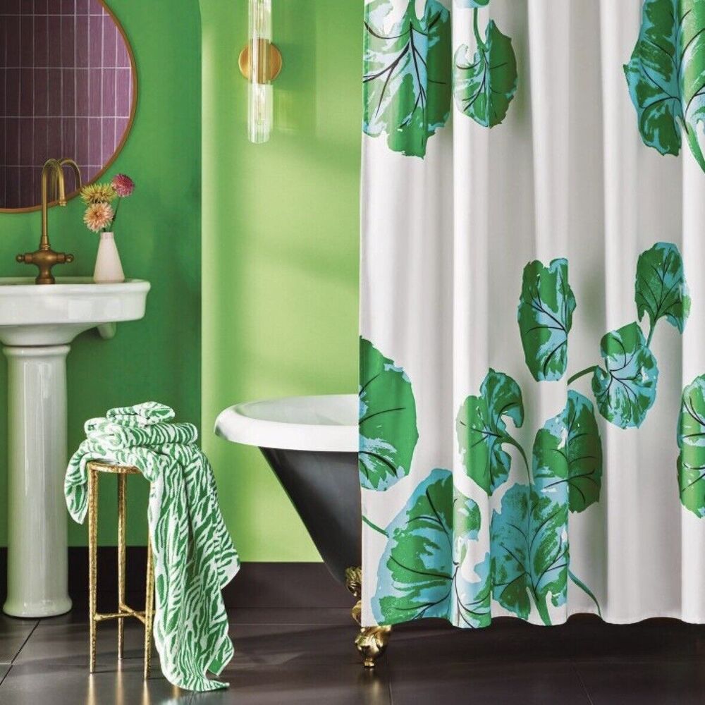 DVF Diane Von Furstenberg Target Geranium Leaf Shower Curtain Green Blue White